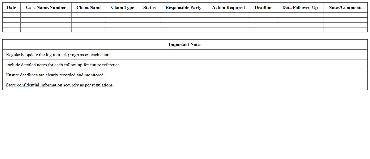 Legal Case Claim Follow-Up Log Spreadsheet