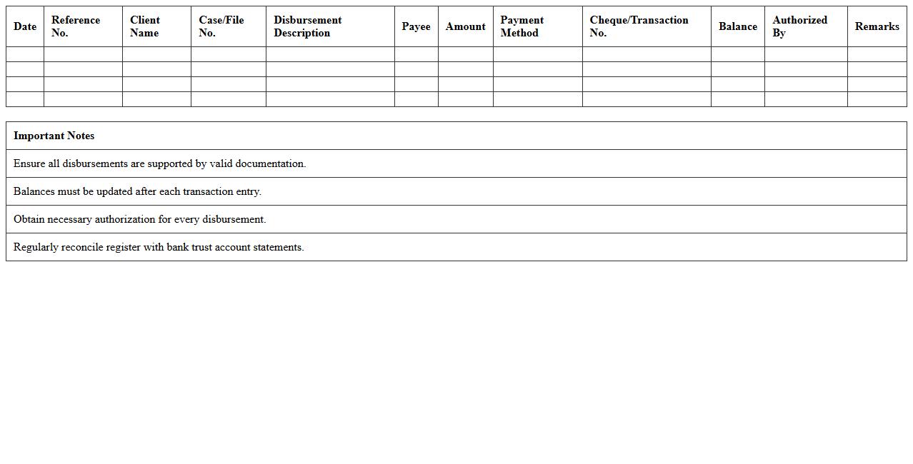 Legal Case Trust Disbursement Register Spreadsheet