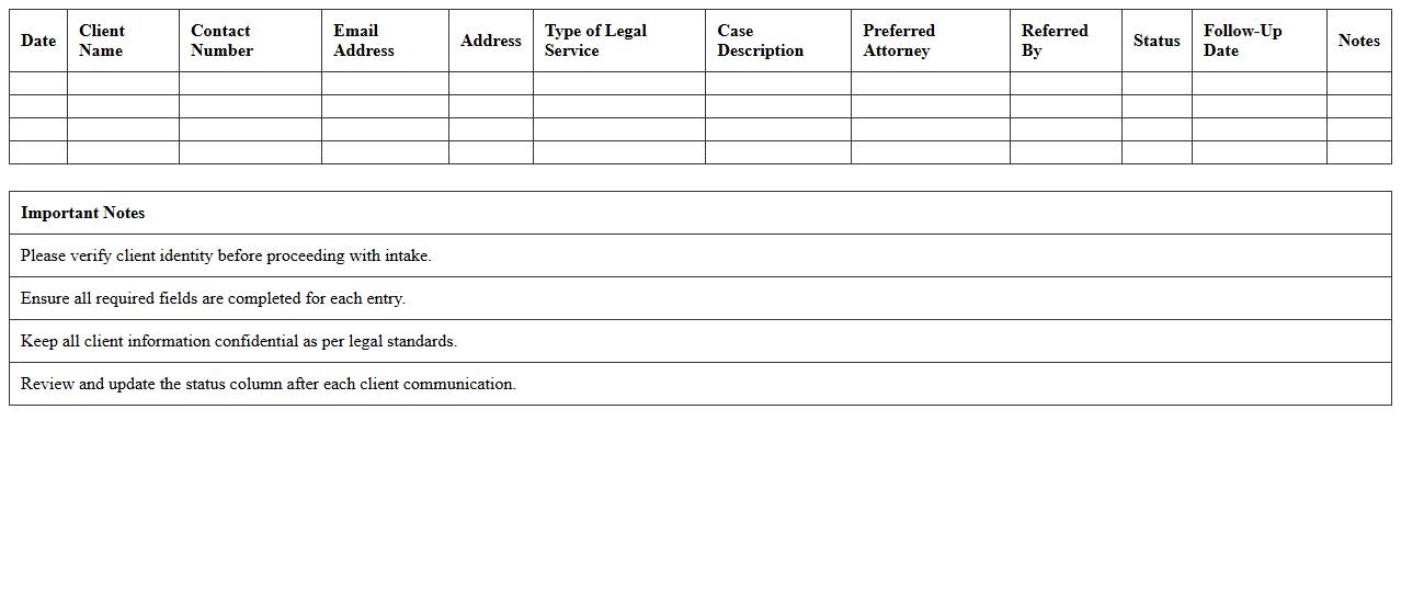 Legal Services Intake Form Excel Sheet