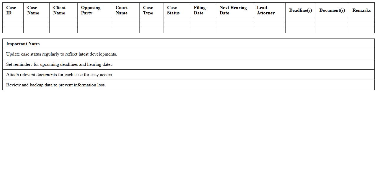 Litigation Case Management Excel Spreadsheet