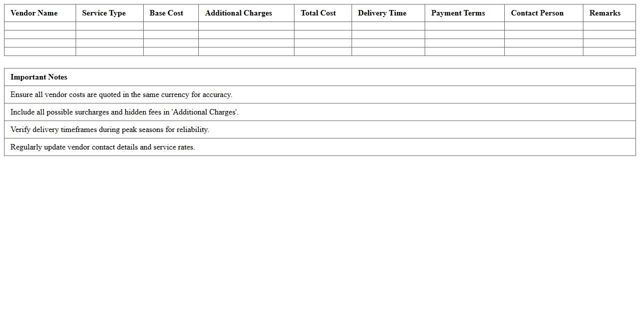 Logistics Vendor Cost Comparison Excel Template