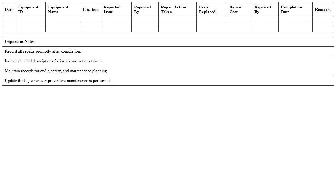Manufacturing Equipment Repair History Log Excel