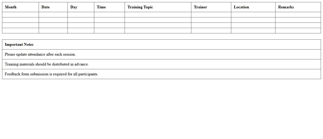 Monthly IT Training Program Timetable Spreadsheet