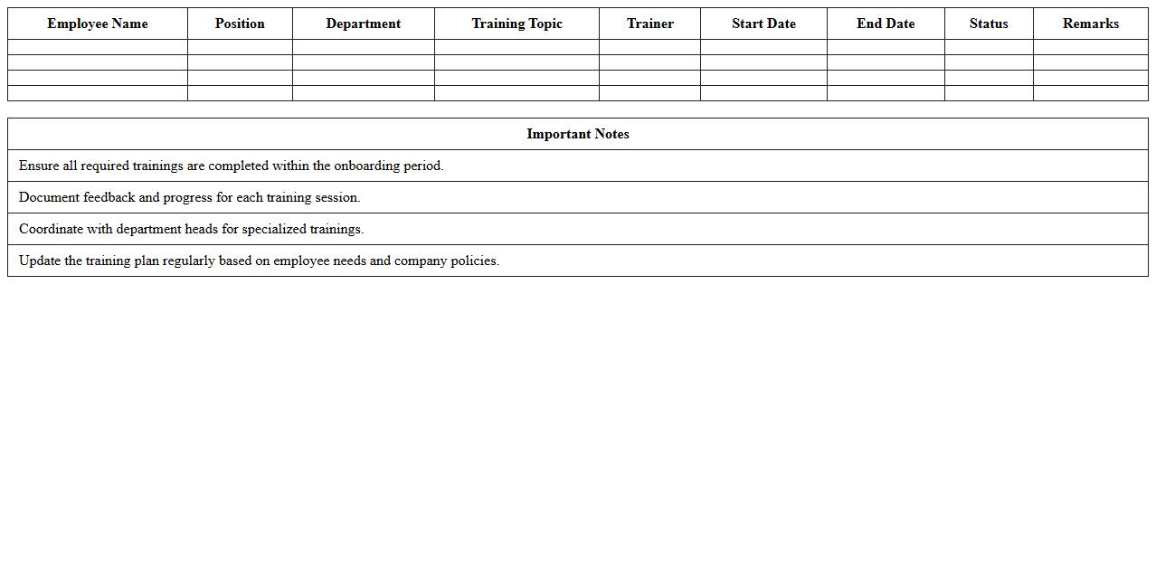 New Employee Training Plan Excel Template