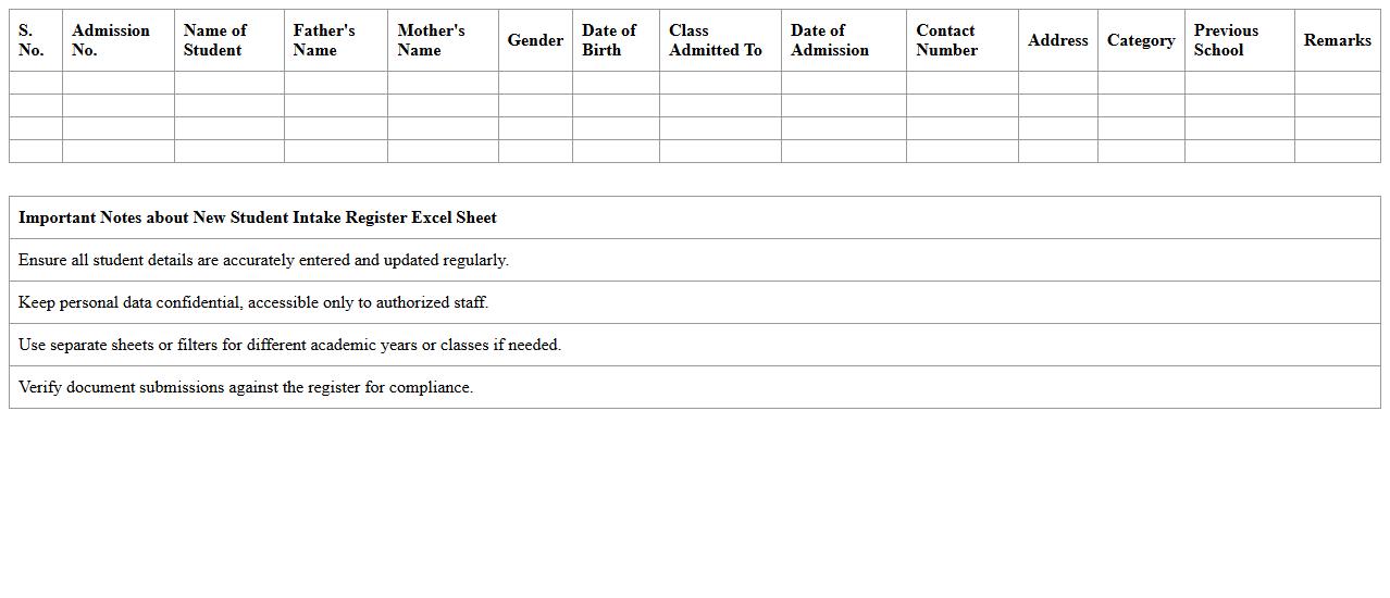 New Student Intake Register Excel Sheet