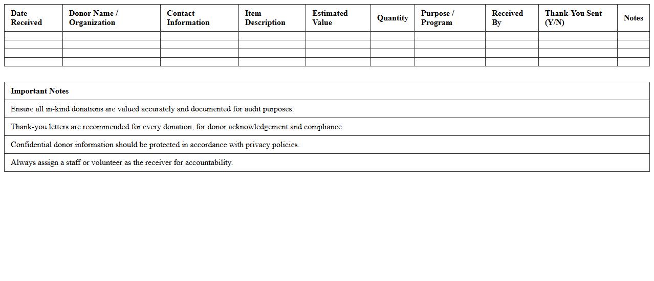 Nonprofit In-Kind Donations Tracking Log Template