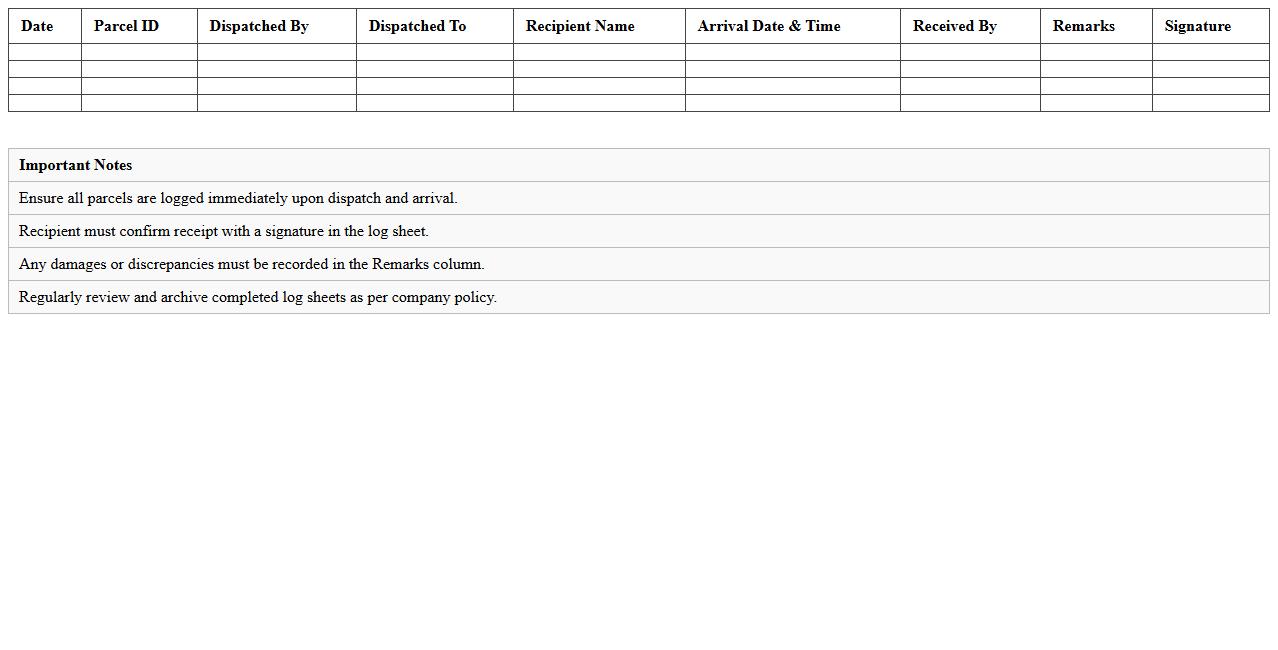 Parcel Dispatch and Arrival Log Sheet