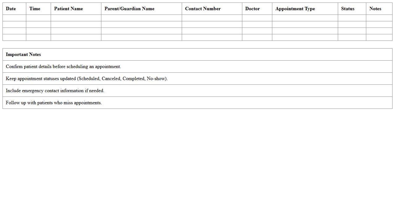 Pediatric Appointment Scheduling Excel Template