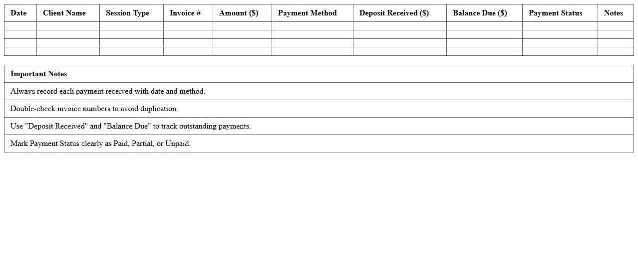 Photography Sales and Payments Ledger