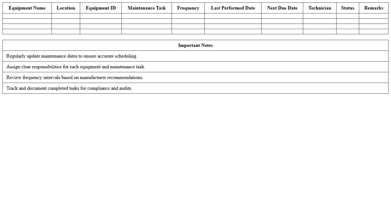 Preventive Maintenance Schedule Excel Template for Manufacturing Equipment