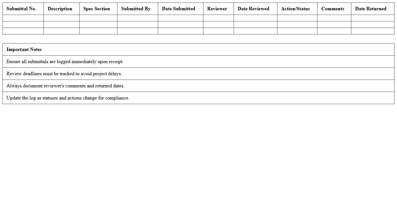 Project Submittal Review Log Excel Sheet