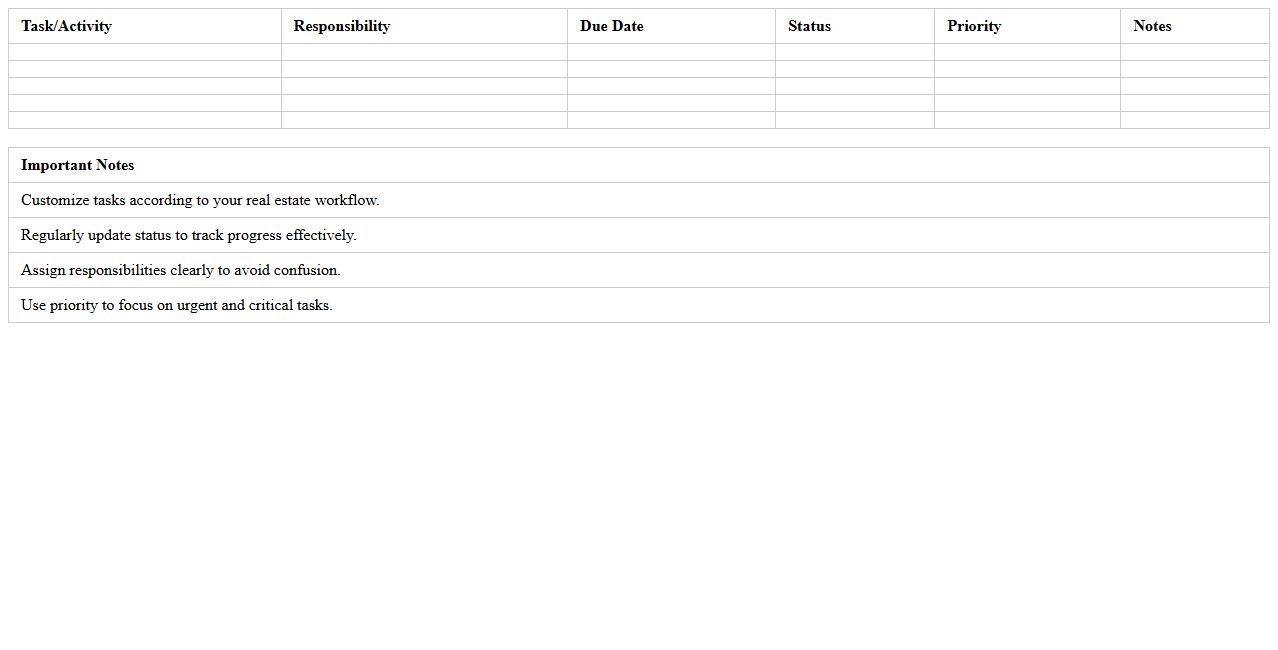 Real Estate Task & Activity Planner Excel