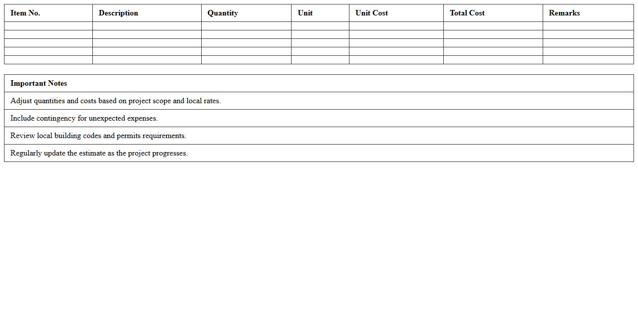 Residential Construction Estimate Excel Template