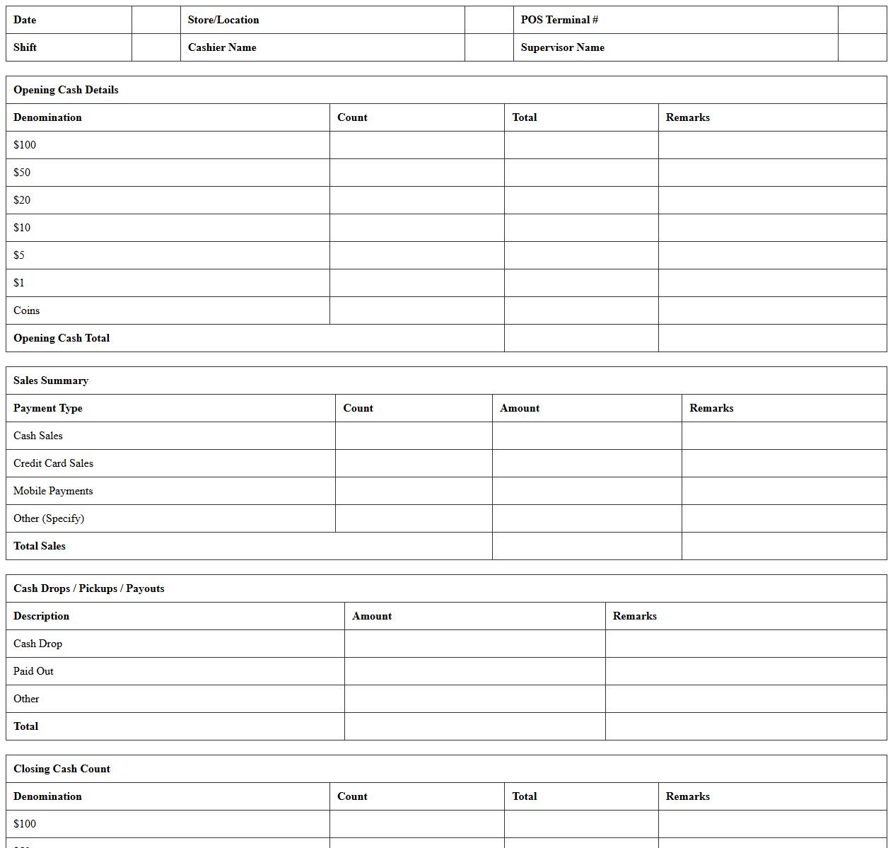 Retail POS Cash Reconciliation Sheet