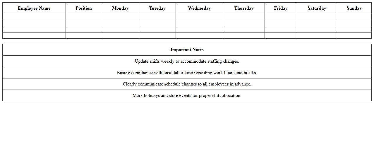 Retail Store Employee Shift Chart Excel Template