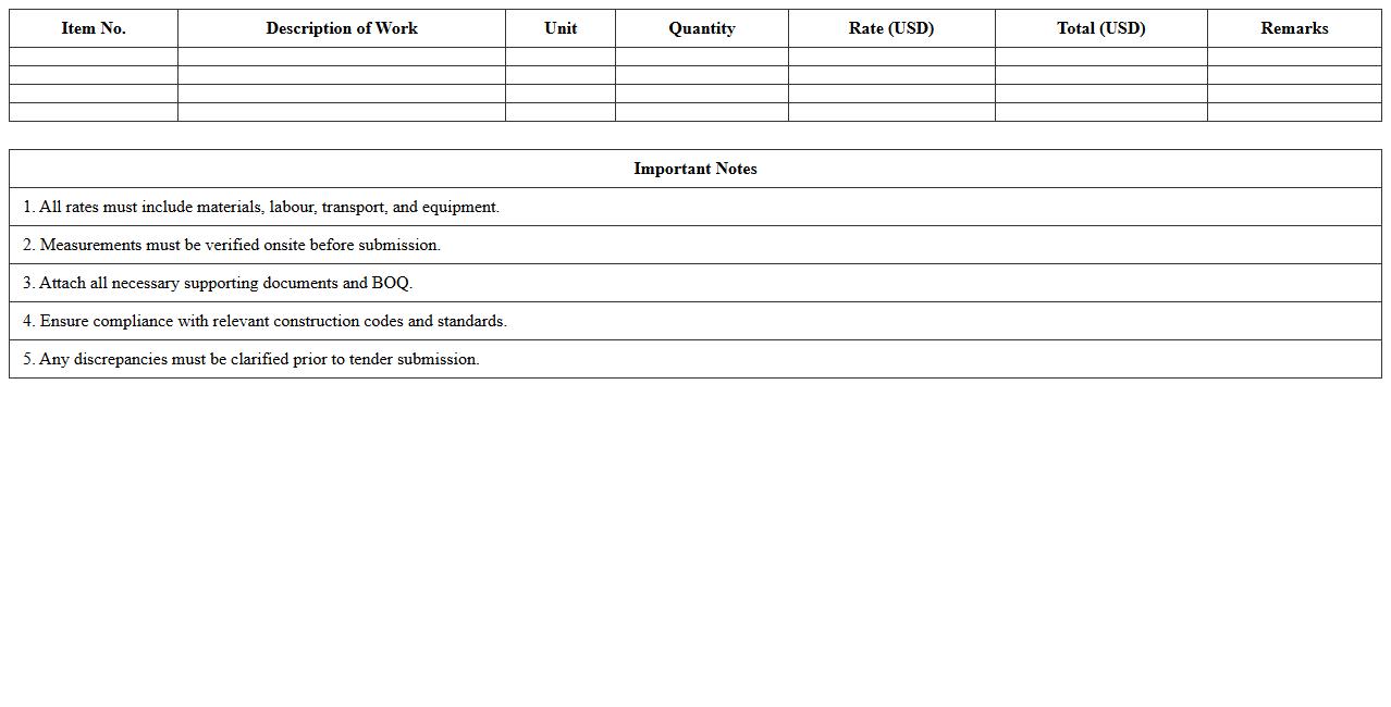 Roadworks Construction Tender Submission Excel