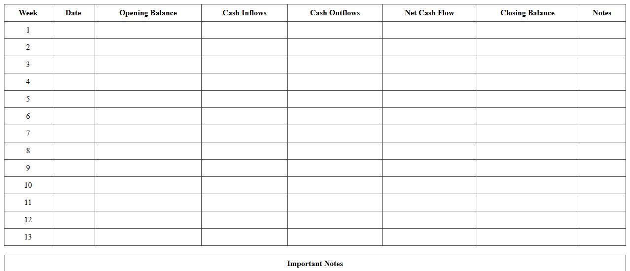 Rolling 13-Week Bank Cash Flow Excel Model