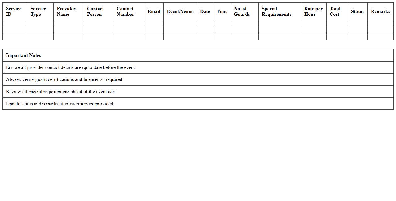 Security Services Provider Excel Template for Conference Venues