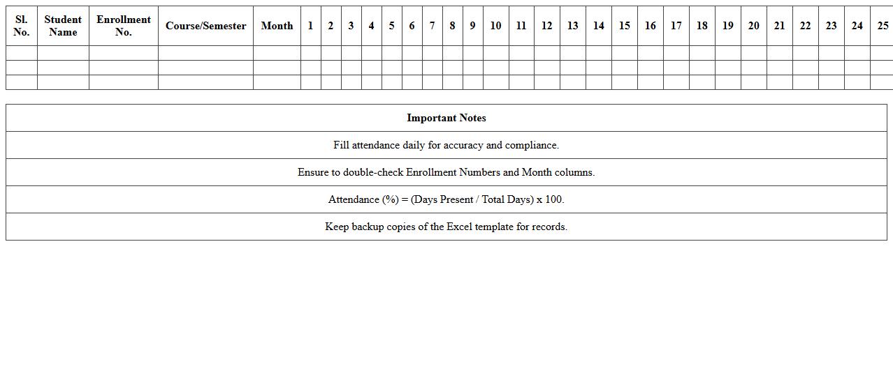 Semester Attendance Register Excel Template