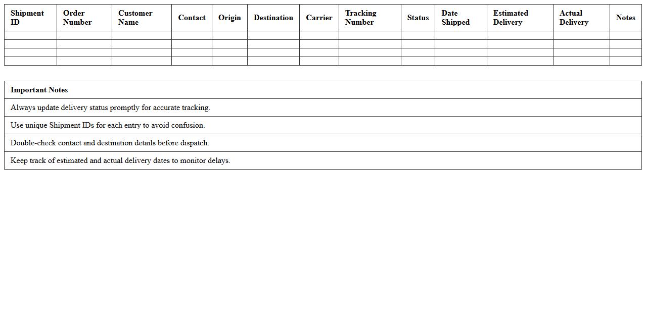 Shipment Tracking and Delivery Status Log Excel Template