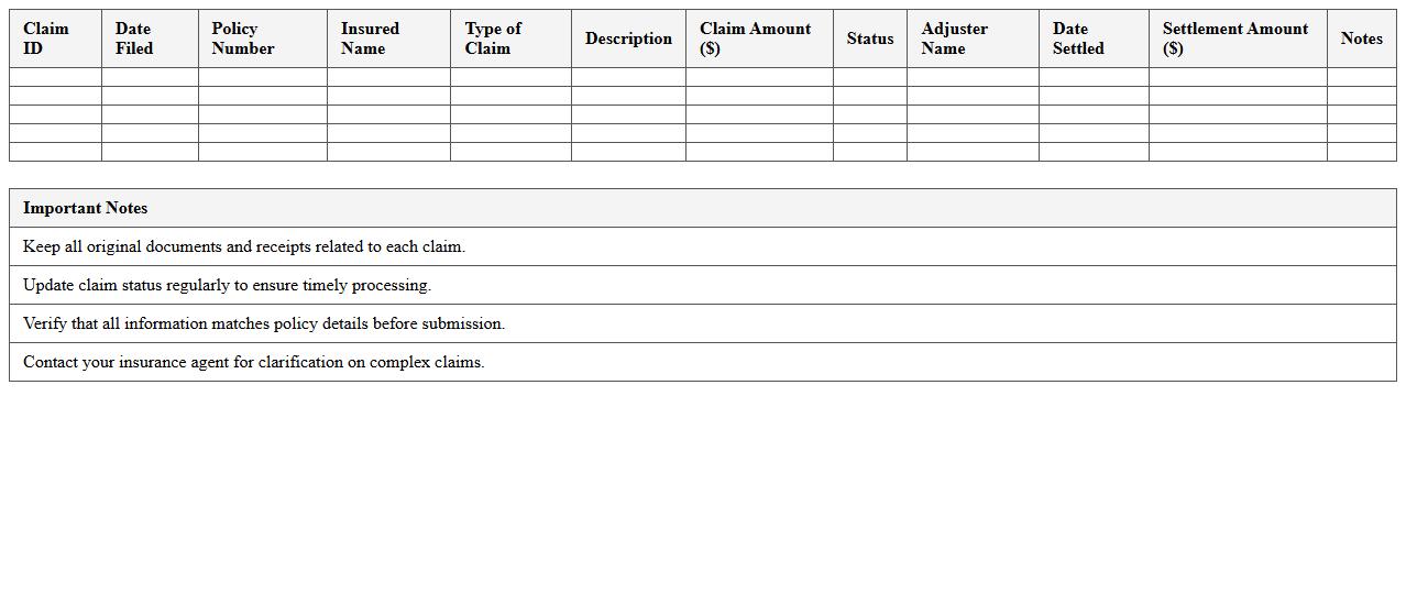 Small Business Insurance Claim Management Sheet