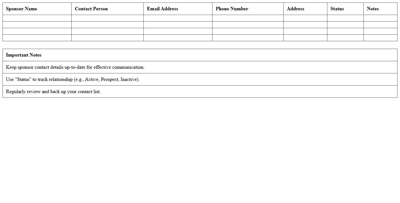 Sponsor Contact List Excel Template