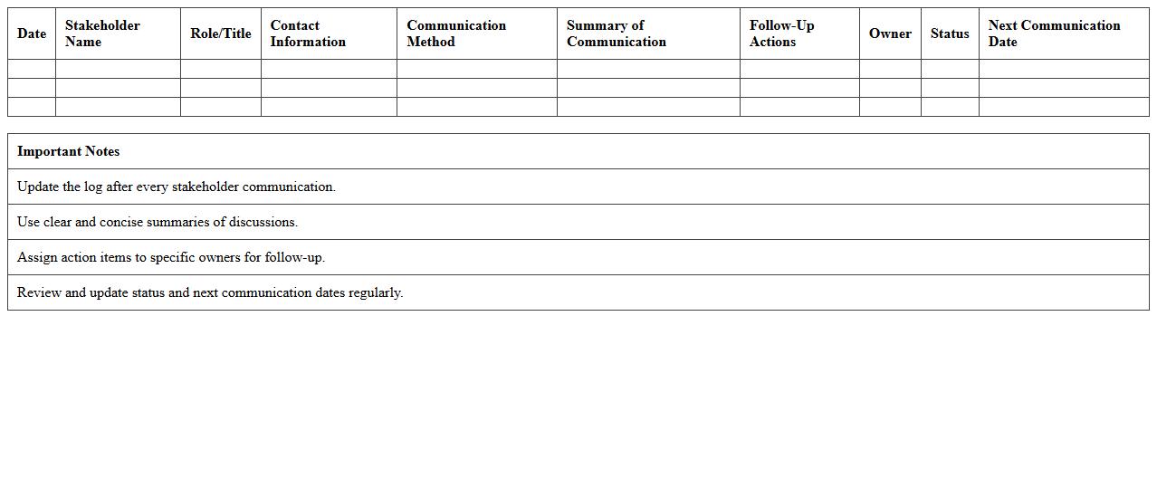 Stakeholder Communication Log Excel Sheet