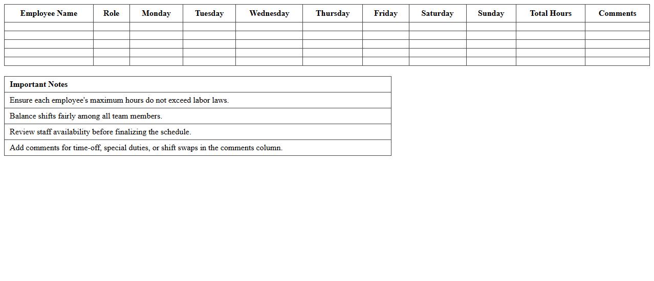 Store Employee Weekly Roster Schedule Spreadsheet