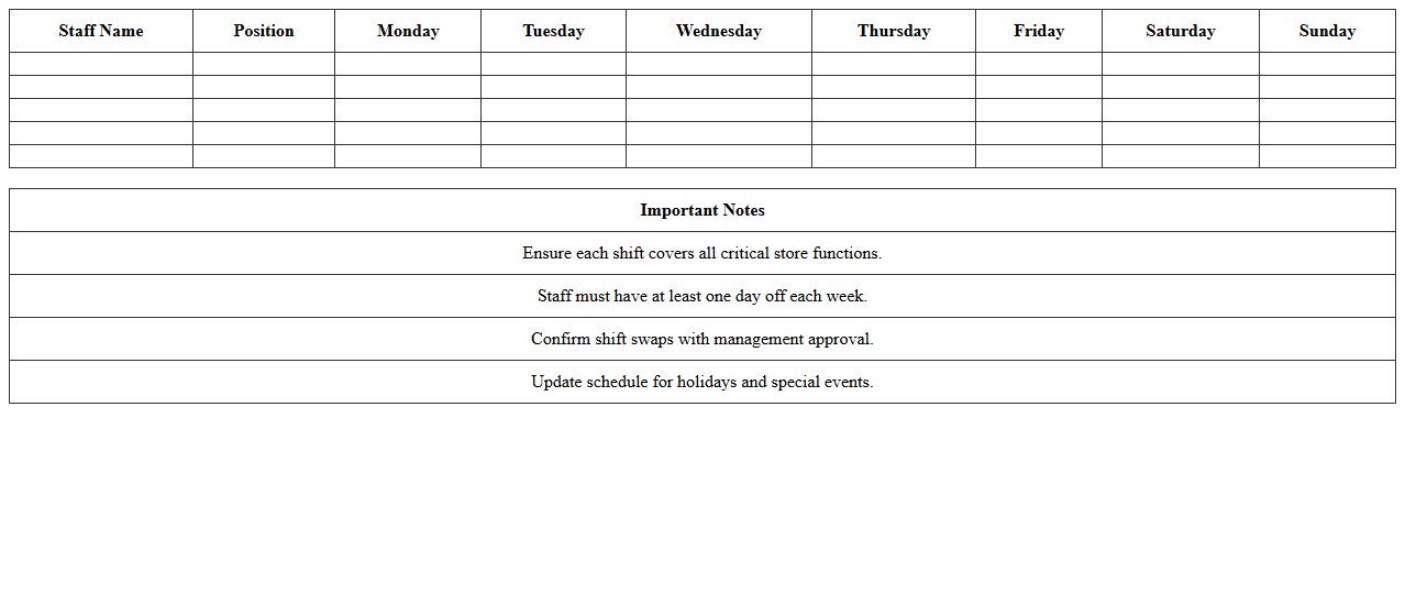Store Staff Weekly Shift Plan Template