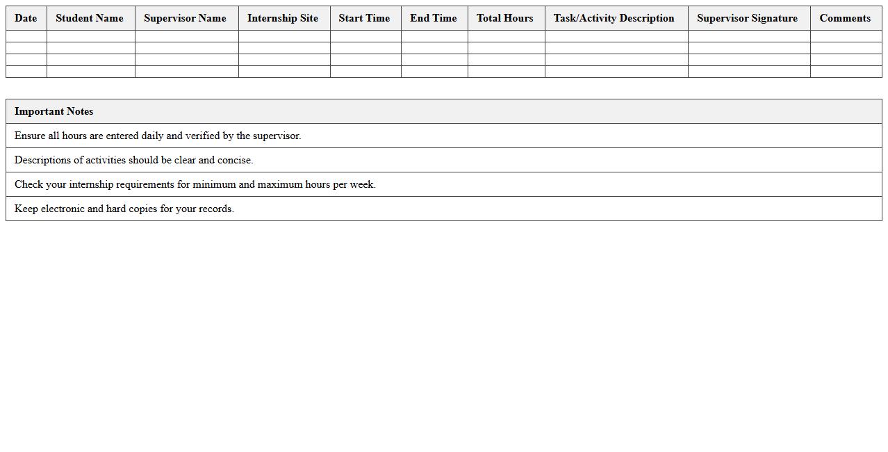 Student Internship Hours Tracker Excel