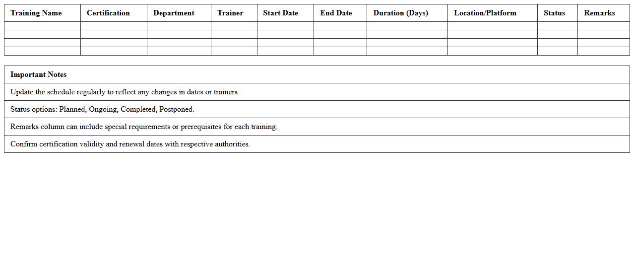 Tech Certification Training Schedule Sheet