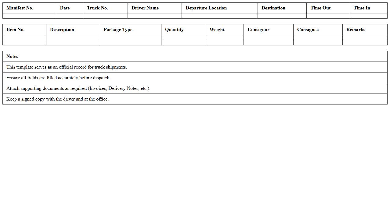 Truck Shipment Manifest Template Excel