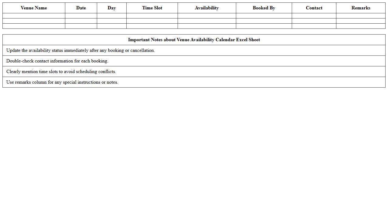 Venue Availability Calendar Excel Sheet