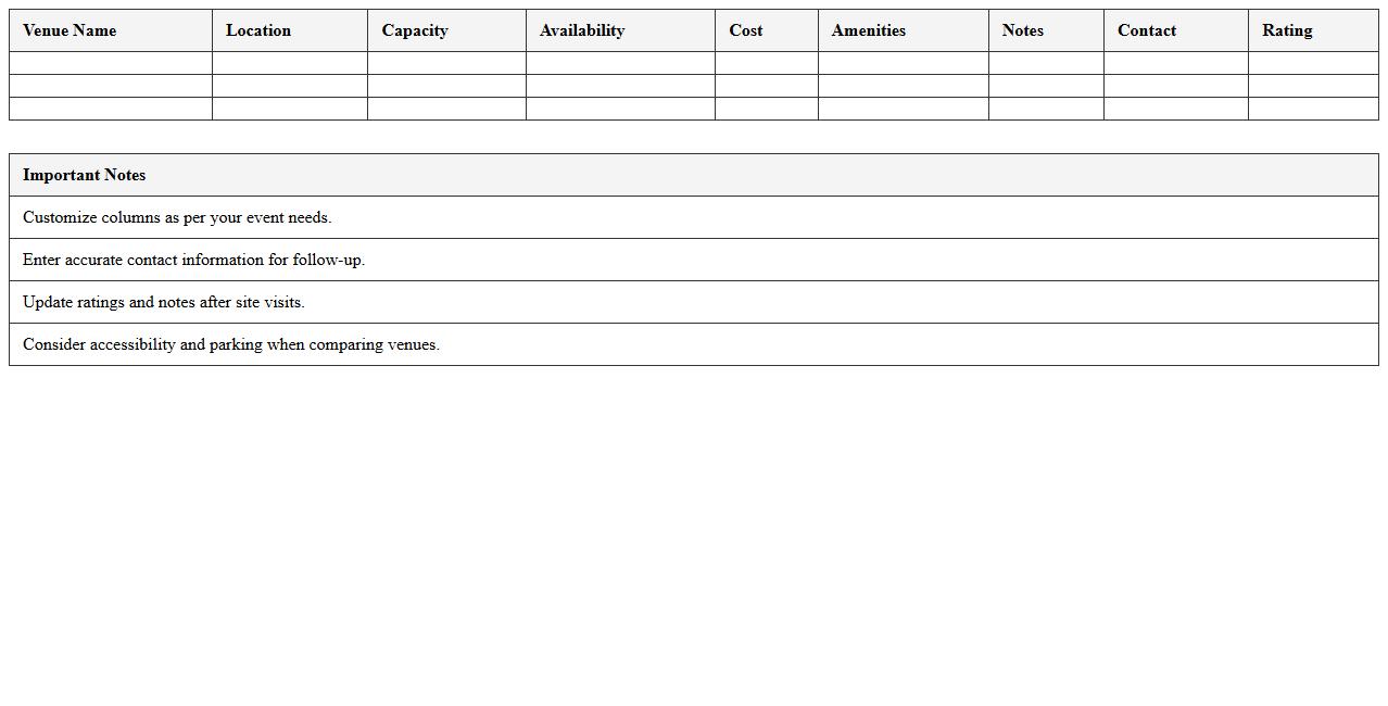 Venue Comparison Matrix Excel Template