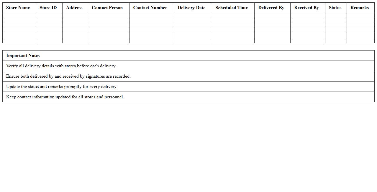 Weekly Delivery Schedule Log for Retail Stores