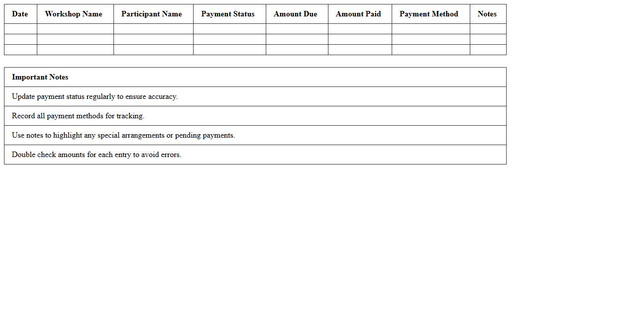 Workshop Payment and Fee Tracker Excel Template