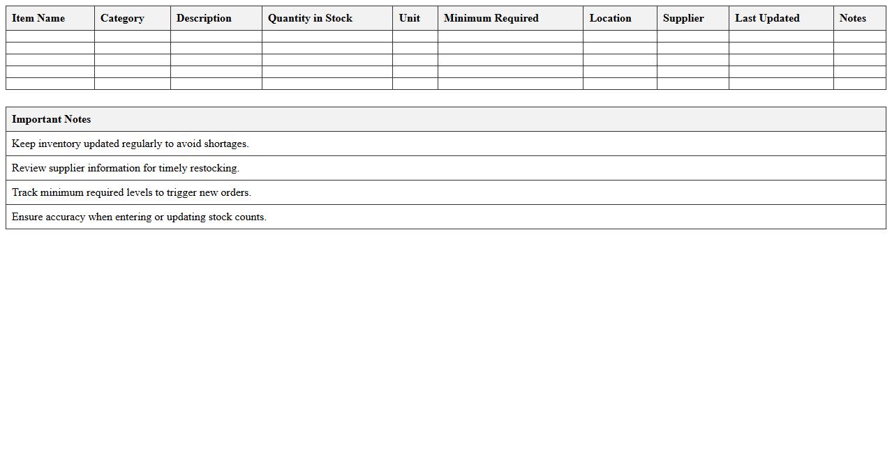Workshop Resource and Material Inventory Excel Template