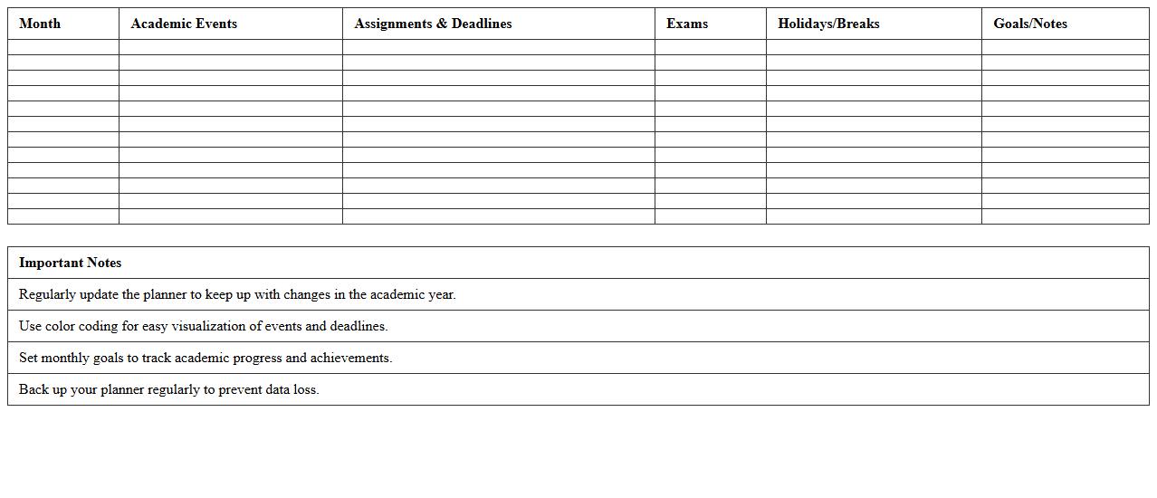 Yearly Academic Planner Spreadsheet