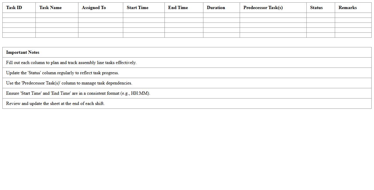 Assembly Line Task Planner Excel Sheet