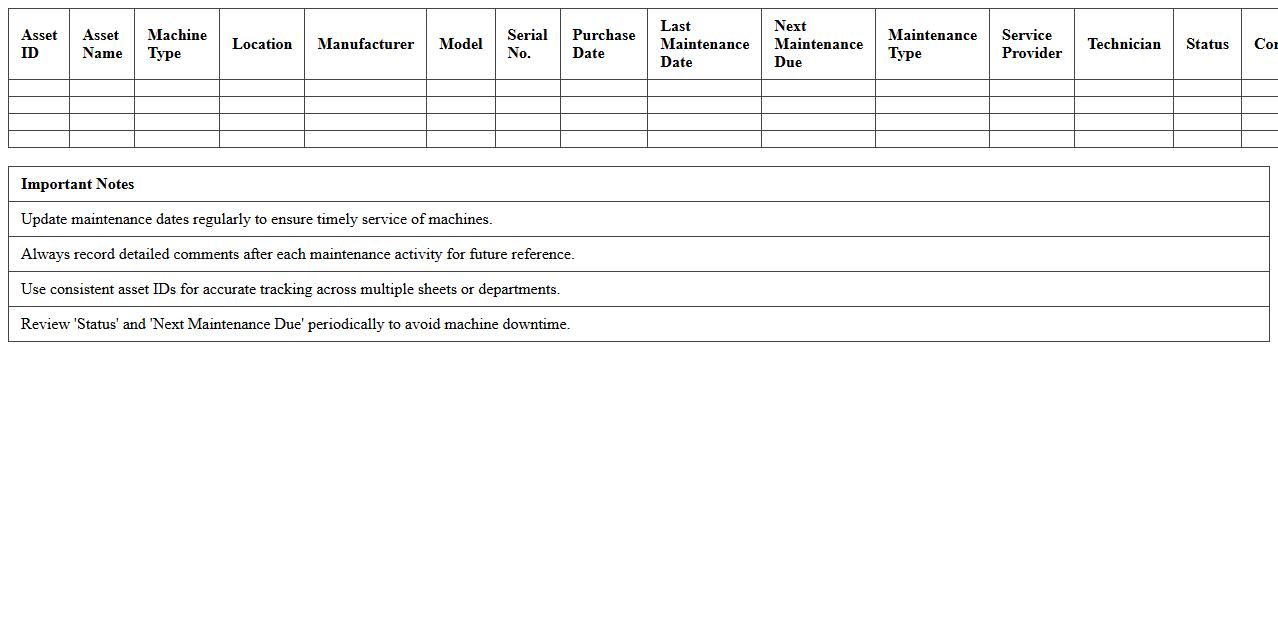 Asset Maintenance Tracker Excel Sheet for Industrial Machines