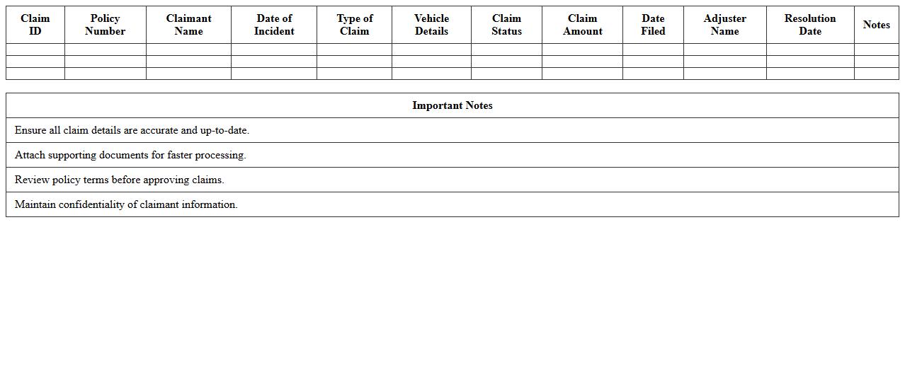 Auto Insurance Claim Management Excel Template