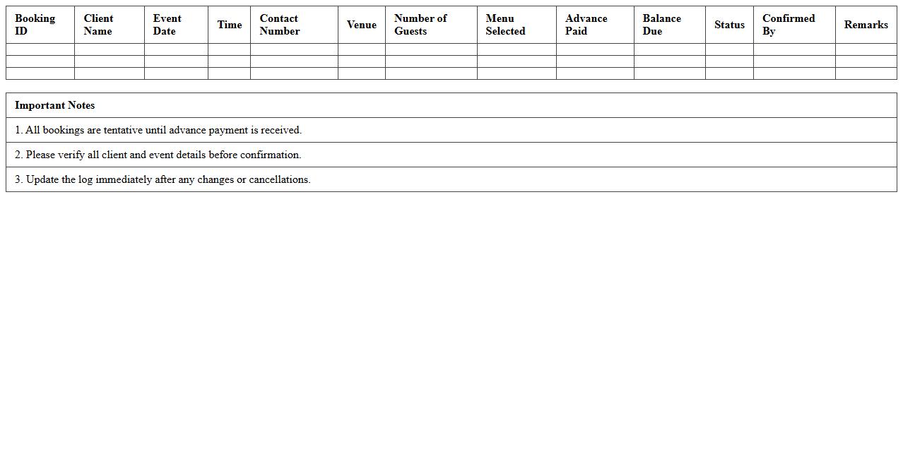 Banquet Booking Confirmation Log Excel