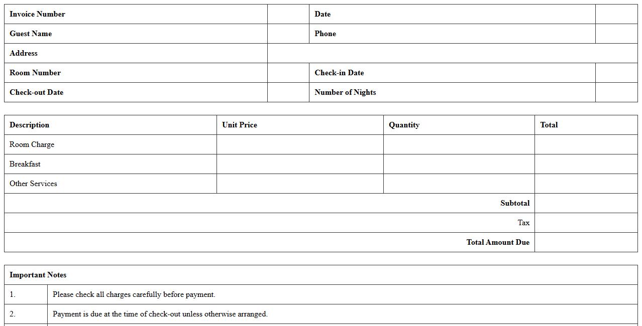Bed and Breakfast Guest Stay Invoice Template Excel