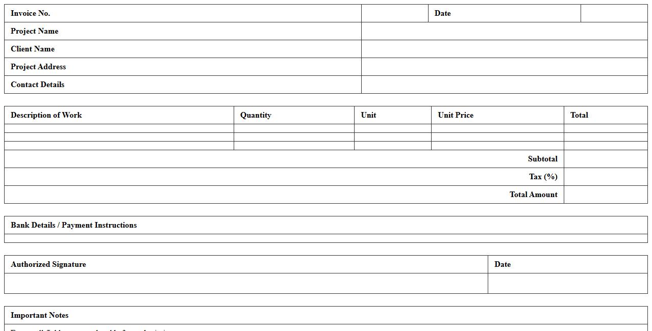 Building Project Invoice Excel Form
