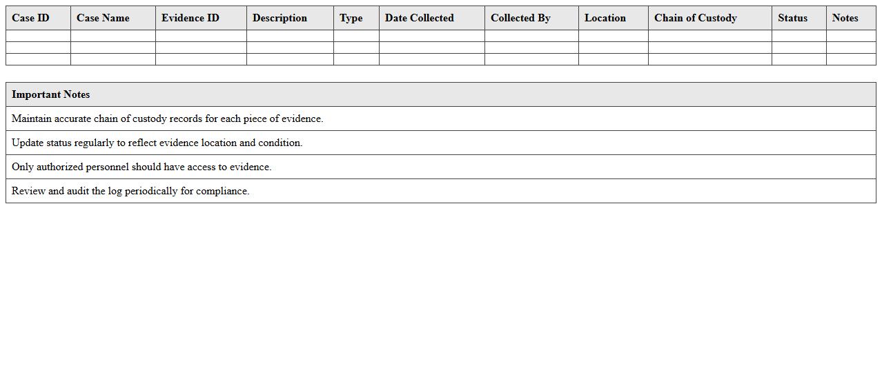 Case Evidence Tracking Log for Legal Teams