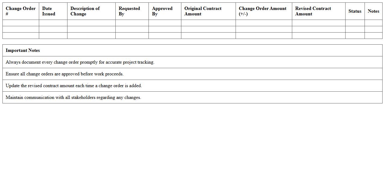 Change Order Log Excel Template for Construction