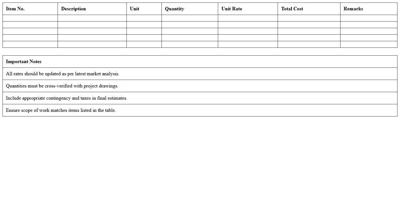 Civil Engineering Project Cost Estimate Excel