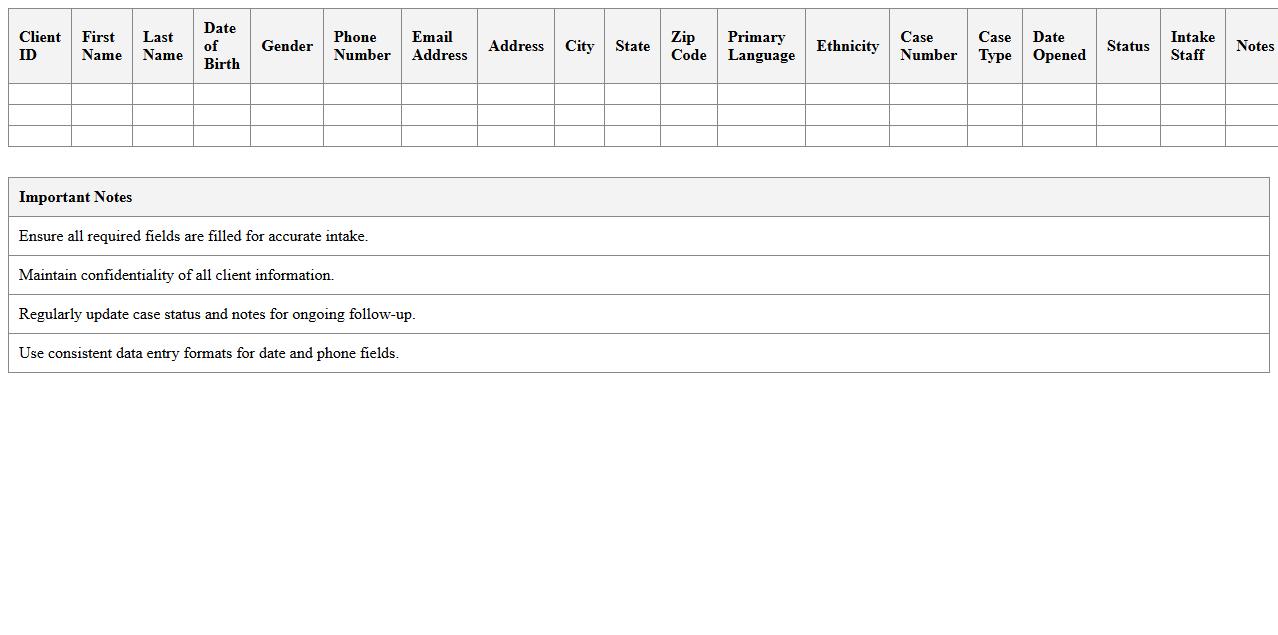 Client Demographics & Case Info Intake Excel Sheet