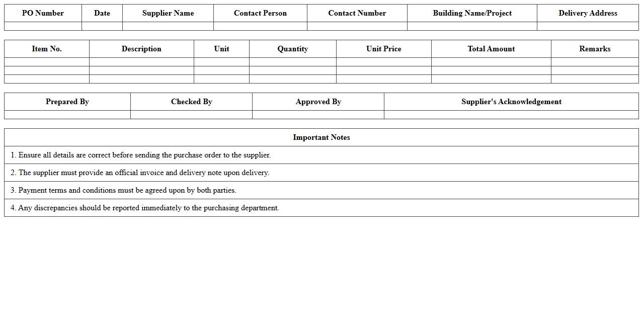 Commercial Building Purchase Order Excel Sheet for Suppliers