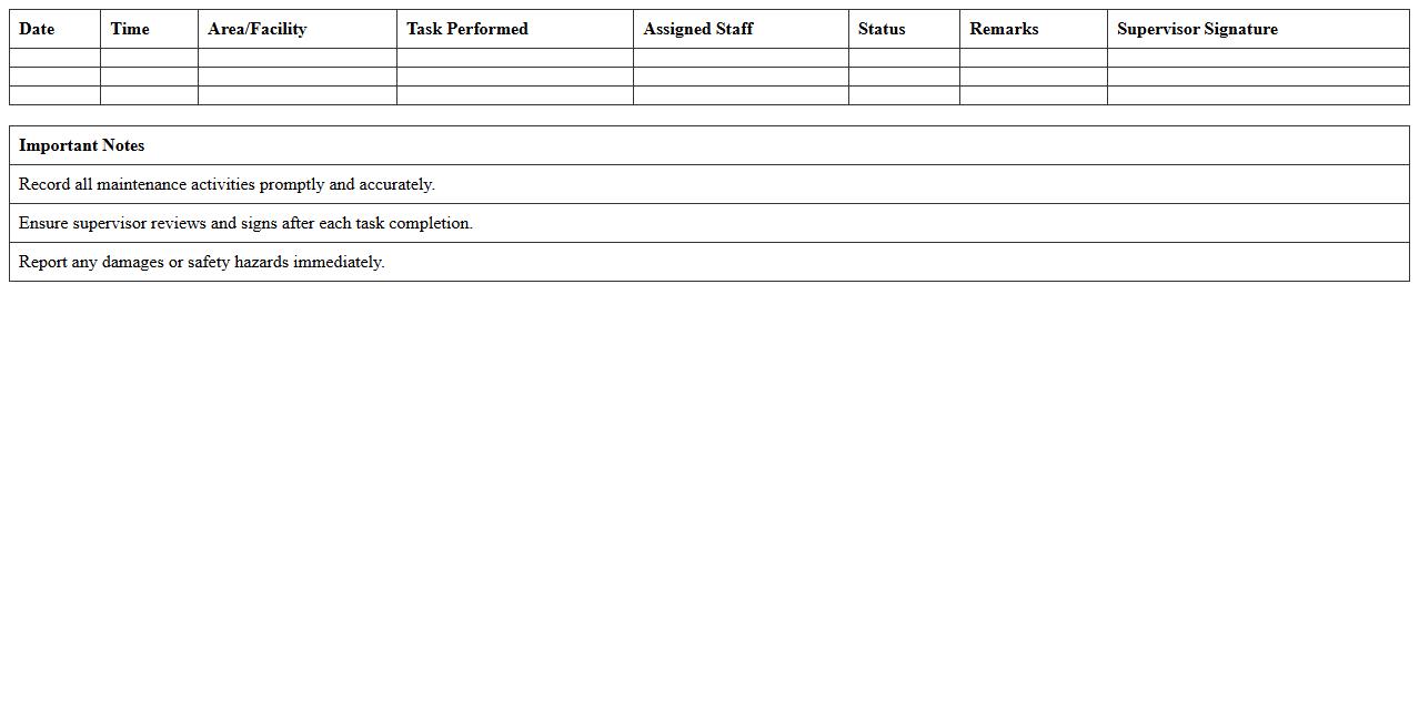 Common Area Facility Maintenance Log Sheet